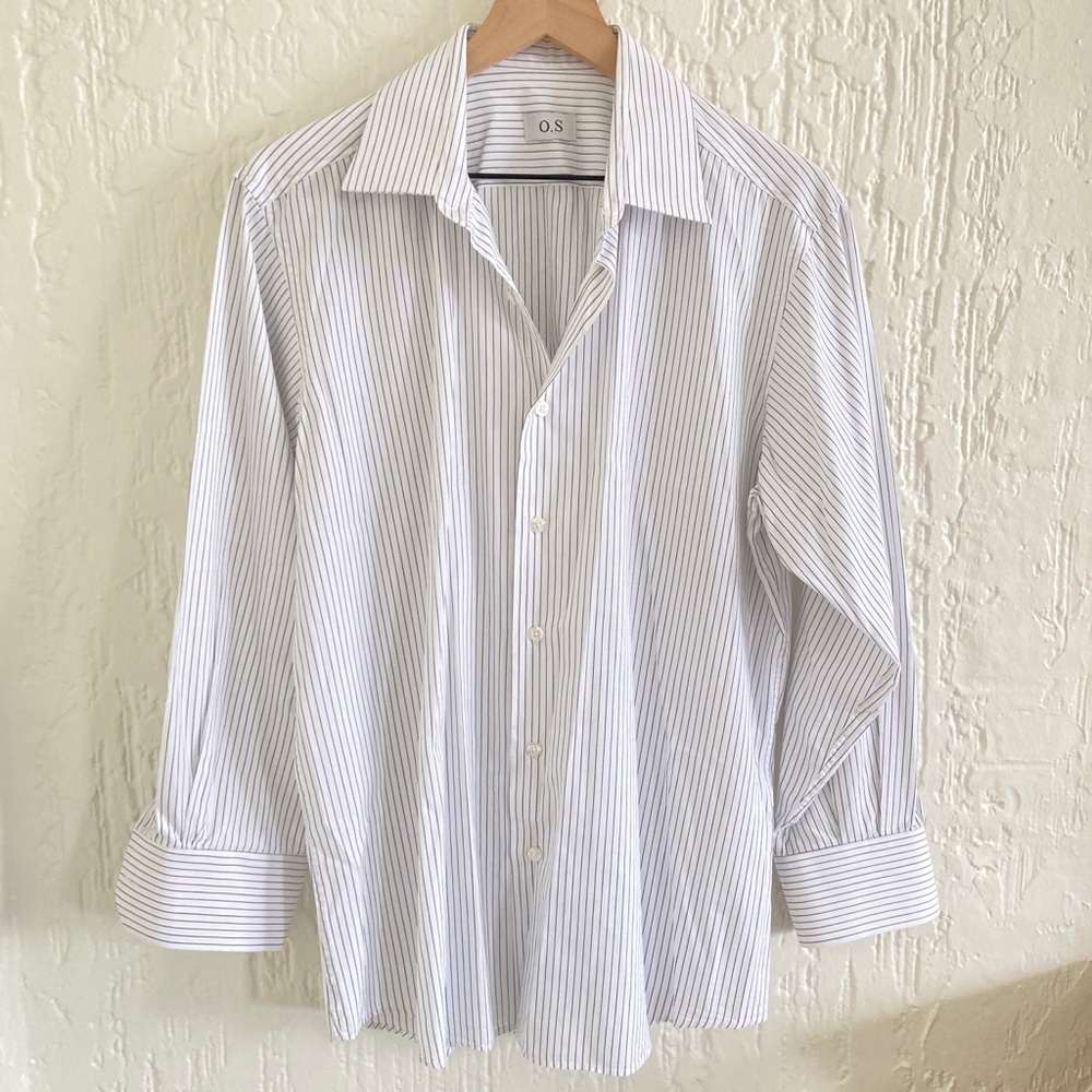 OS White and Black Striped Long Sleeve Button Down Shirt Size Large